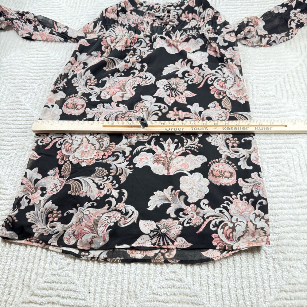 LOFT Dress Petite XXS Black Pink Floral Print Boho Sheer Sleeve Mini Brunch Date - Picture 7 of 12